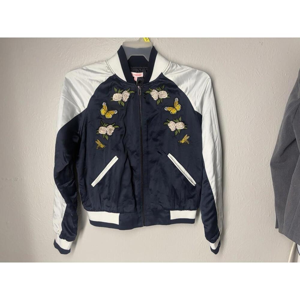 Re: Named Women’s Bee, Butterfly & Roses Satin Bomber Jacket Black & White M NWT